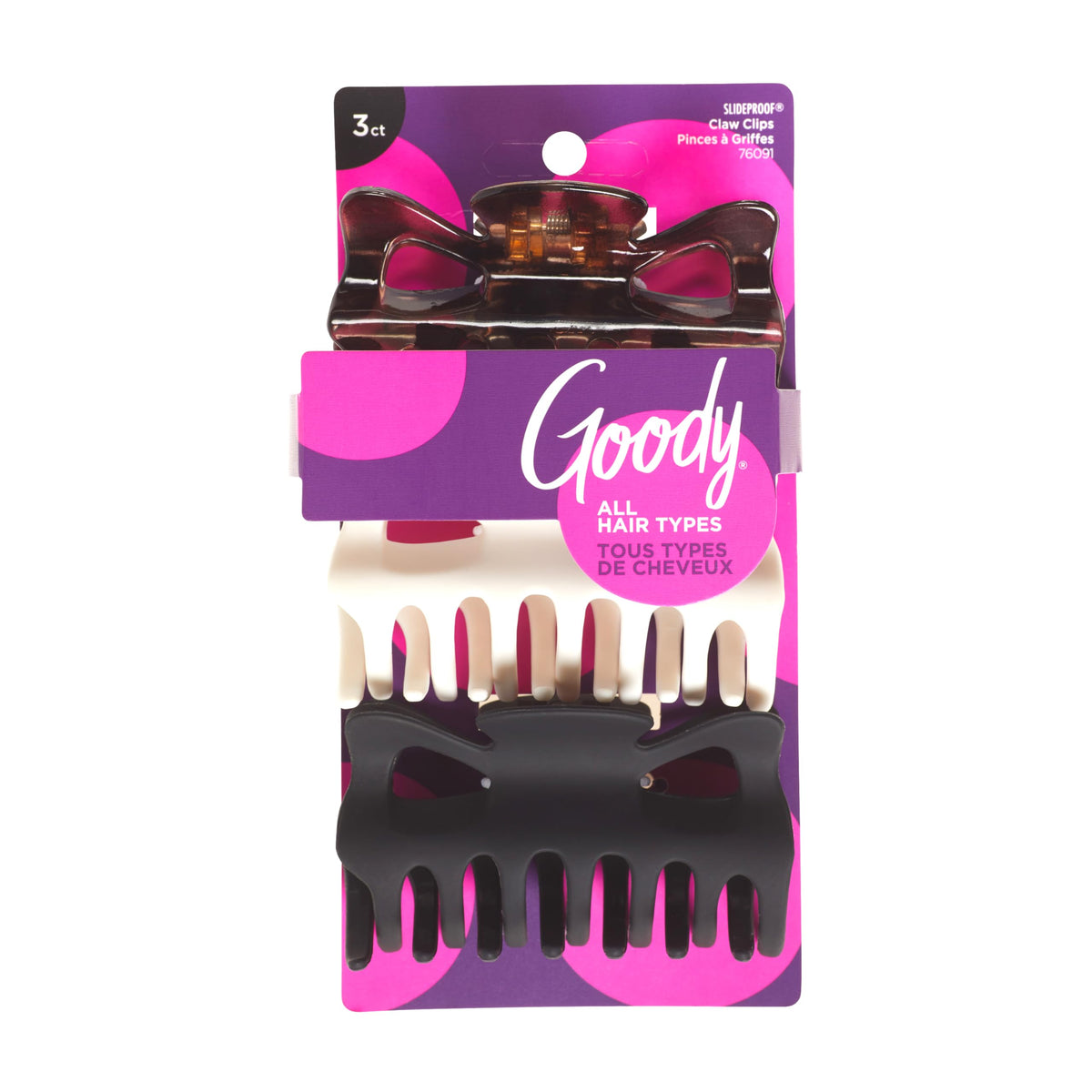 Goody Slideproof Claw Clips - 3 Ct Tortoise Print, Black Matte & Ivory, Secure Grip Hair Accessories