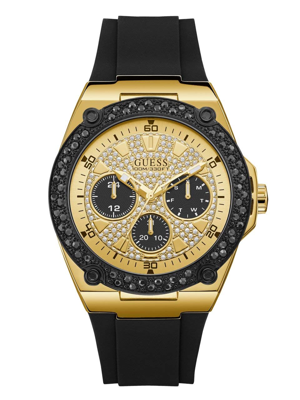 Guess Black Gold-Tone Silicone Watch, Glitz Design, Day/Date, Military Time, Model U1257G1