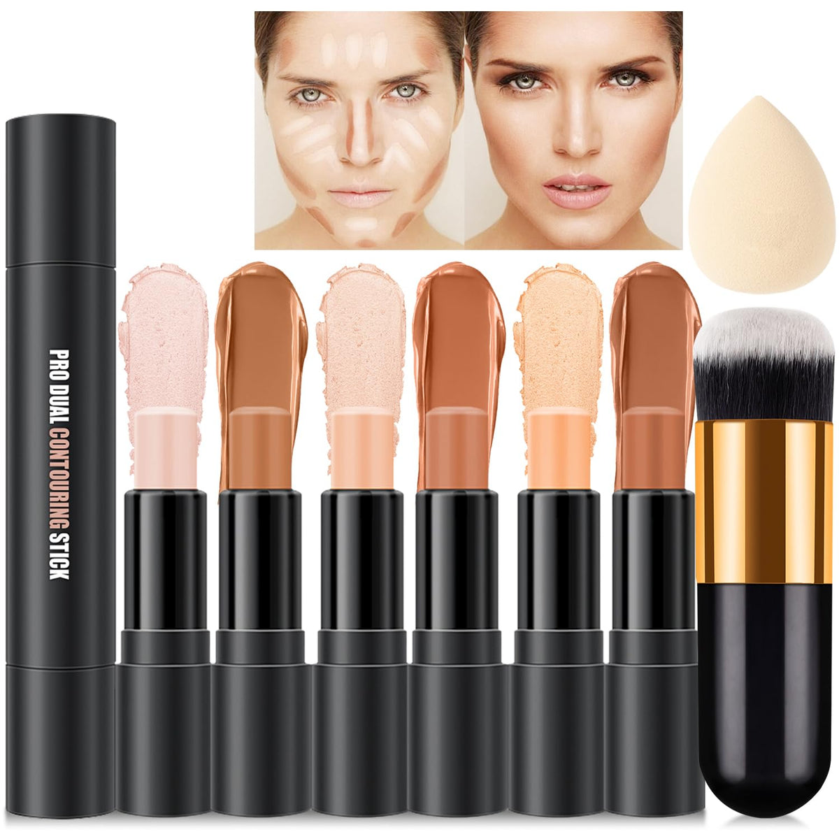 Meilury 6 Colors Cream Contour Stick Kit With Highlighter, Blush & Bronzer - Waterproof, Long Lasting