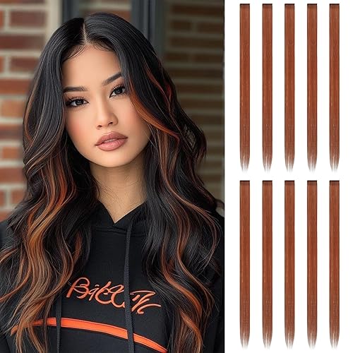 FESHFEN Copper Clip-In Hair Extensions 10 PCS, 22 inch Synthetic Highlight Hairpieces for Women