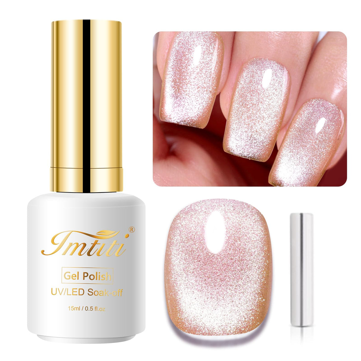 Imtiti Champagne Gold Holographic 9D Cat Eye Gel Nail Polish 0.5Fl Oz With Magnetic Stick