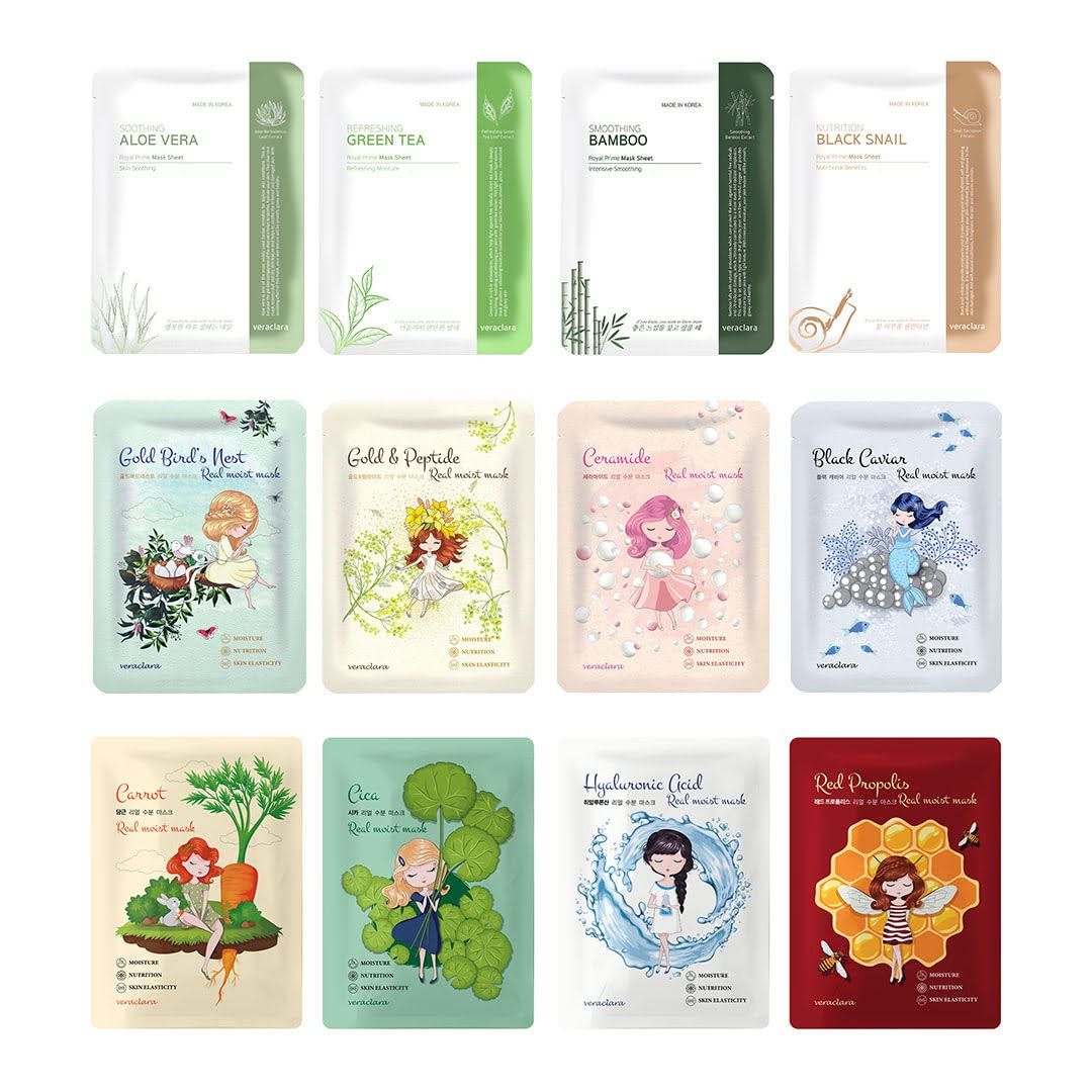 Veraclara Facial Mask Sheet - Korean Skincare For Dark Spots, Moisturizing & Firming (12 Pack)