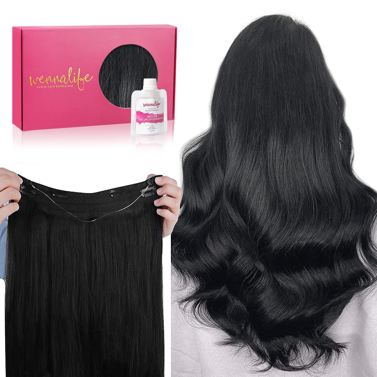 WENNALIFE 20&quot; Jet Black Remy Hair Extensions - Invisible Wire, 110g Real Human Hair