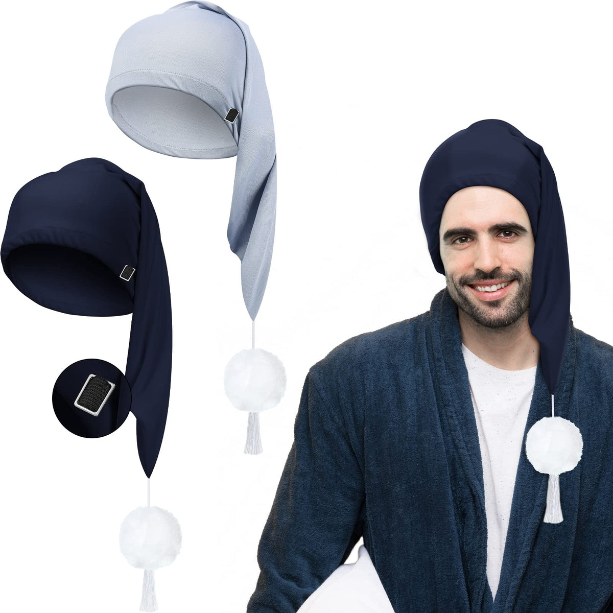 Geyoga 2 Pcs Adjustable Silk Night Sleeping Caps With Pom Ball - Light Gray & Navy Blue