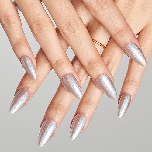 GLAMERMAID Shiny Shimmer Silver Press on Nails, Medium Almond, 24pcs Reusable Acrylic Kits