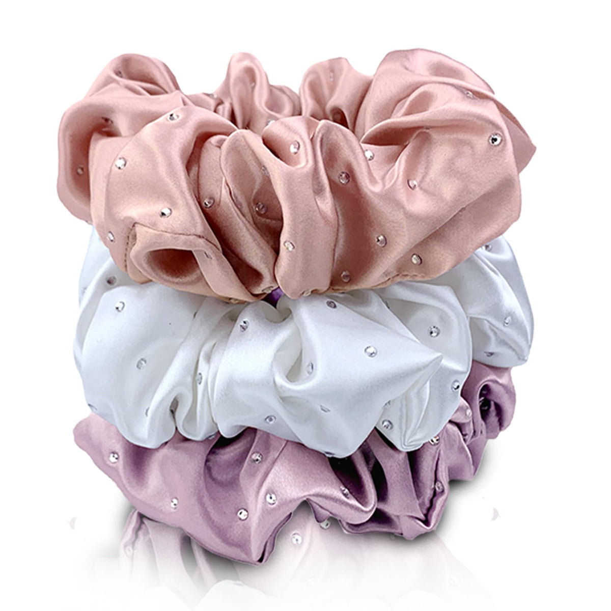 Celestial Silk Mulberry Silk Scrunchies - Lavender, White, Pink with Rhinestones (3 Pack)