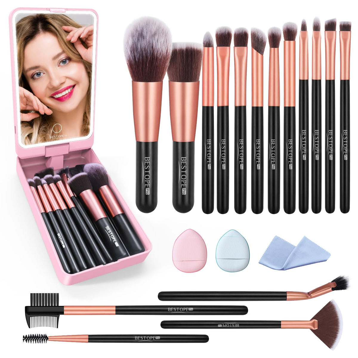 Bestope Pro 20Pc Rose Gold Makeup Brush Set With Case, Led Mirror & 2 Powder Puffs