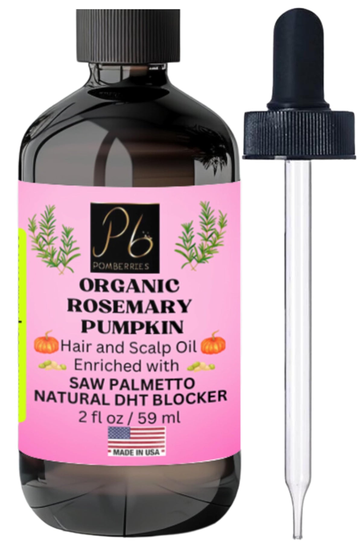 Pomberries Organic Rosemary Hair Growth Oil With Saw Palmetto & Vitamin E, 2 Fl Oz