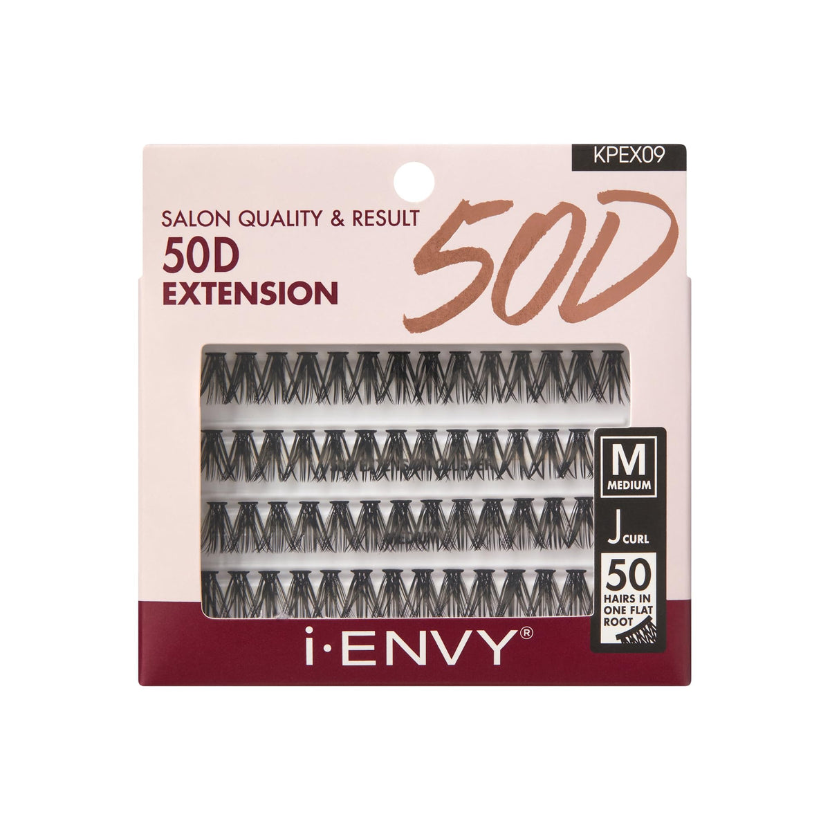 I•Envy 50D Flat Tapered-End Individual Lashes, J Curl, Synthetic Fiber, Medium, 56 Clusters