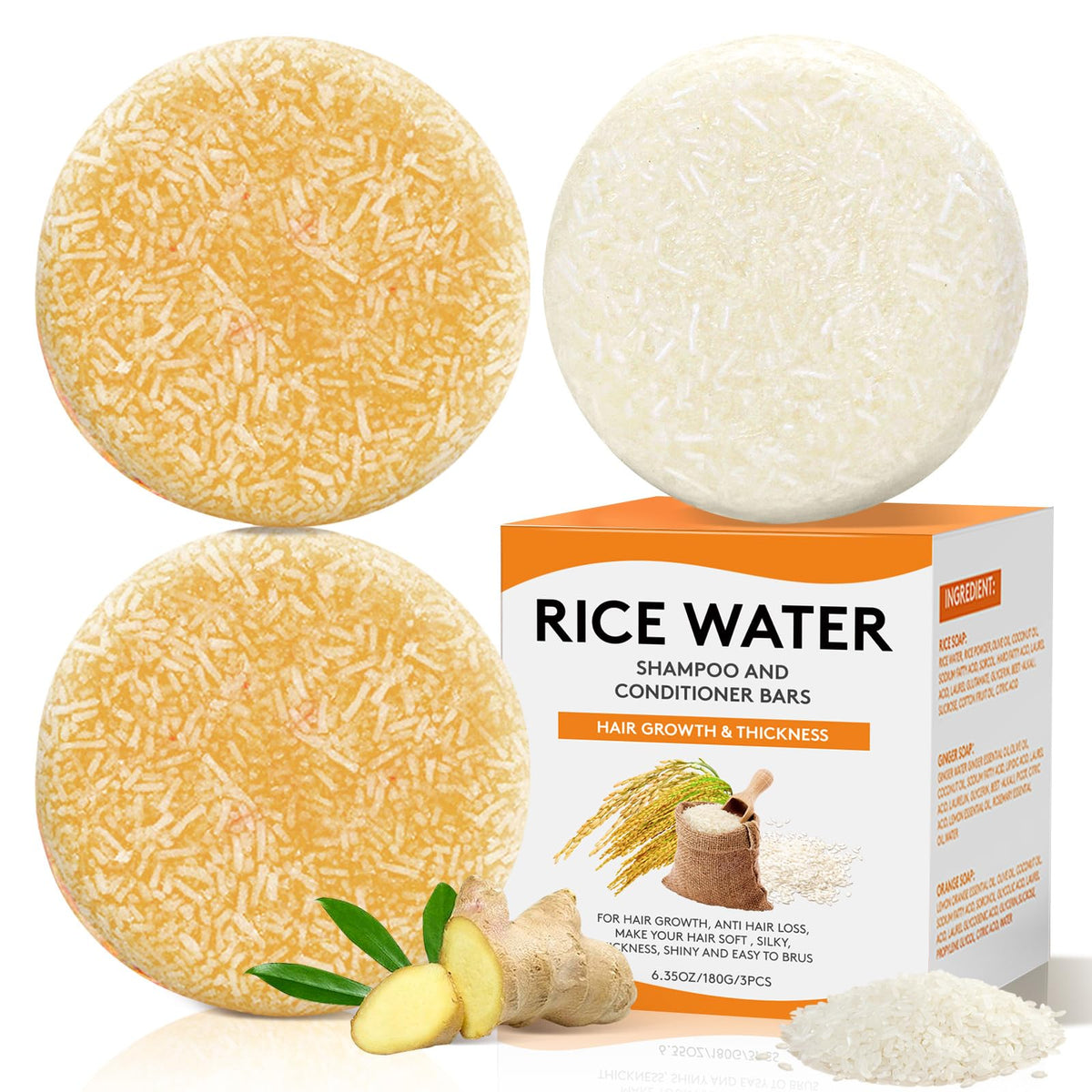 Pubpok Rice Water Shampoo Bars & Conditioner Set - Organic Ginger, Hair Growth, Ph Balanced