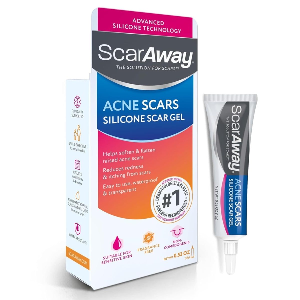 Scaraway Acne Scar Treatment Gel - Medical-Grade Silicone, 15G, Water Resistant, Face & Body