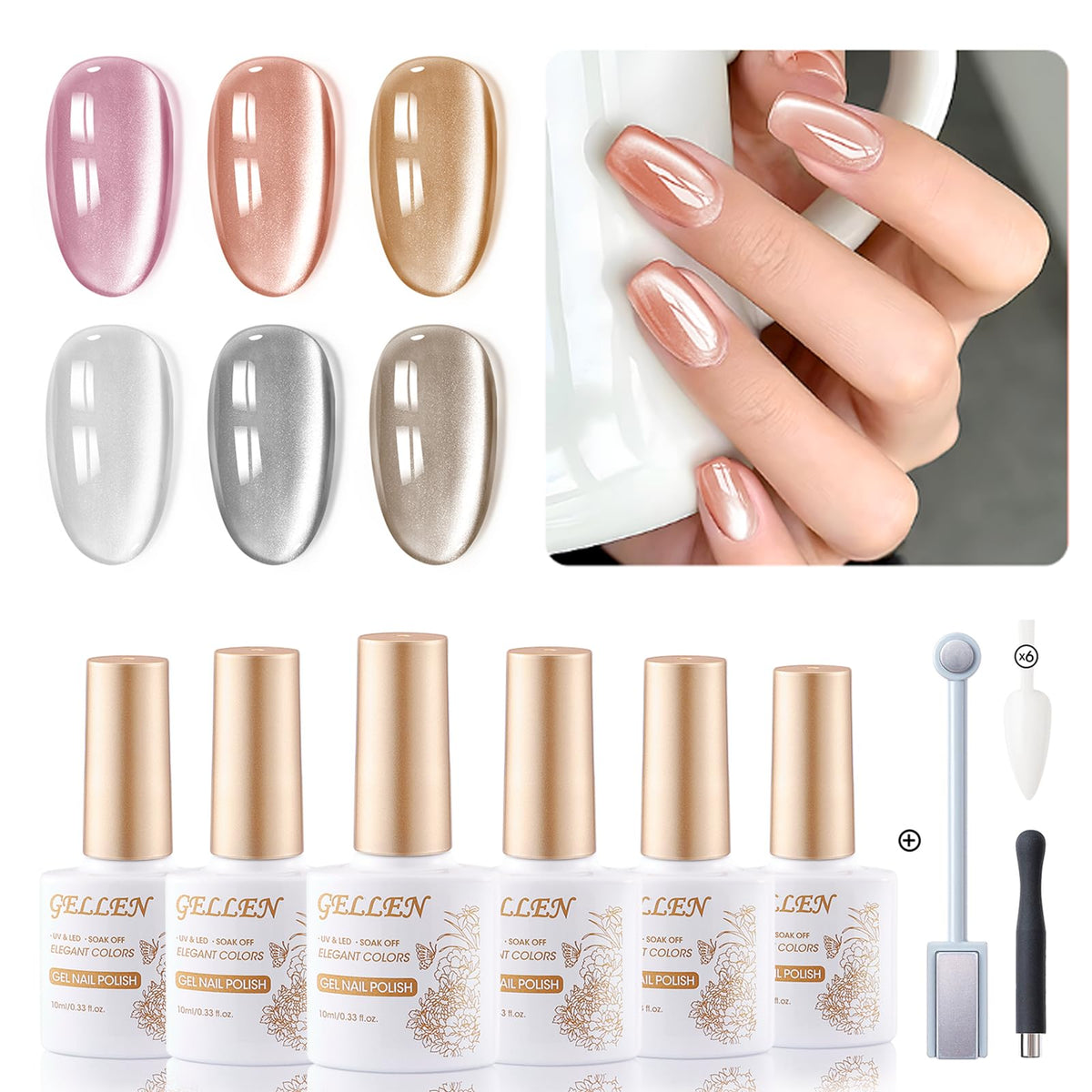 Gellen Cat Eye Gel Nail Polish Set - 6 Colors Holographic Reflective Gel For Fall/Winter