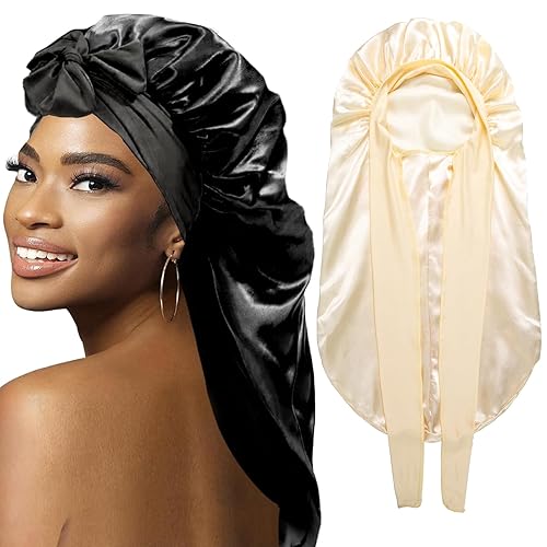 Wozutunt 2Pcs Large Satin Bonnet For Black Women, Silk Sleep Cap With Stretchy Tie Band