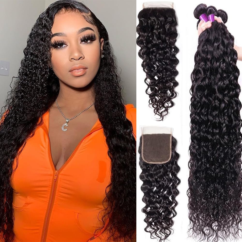 Luduna 100% Unprocessed Brazilian Virgin Water Wave Hair Bundles With Closure, 16-20+14 Inch