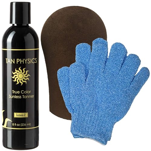 Tan Physics True Color Tanner 8 Oz - Tanning Mitt & Exfoliation Gloves Included, 3 Piece Set