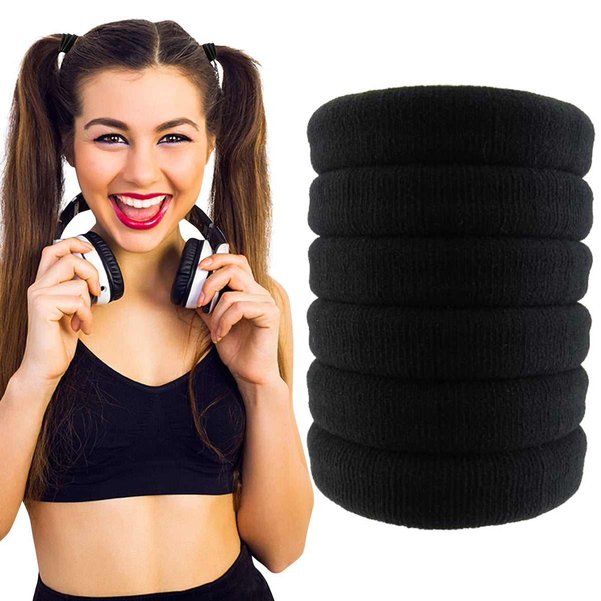 Styla Hair Thick Hair Ties - 6 Pack Black Seamless Elastics for Curly Ponytail Holders