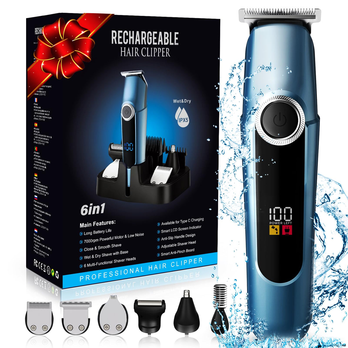 Vxtuyo 6-In-1 Waterproof Beard Trimmer Kit For Men - Mustache & Nose Hair Grooming, Light Blue