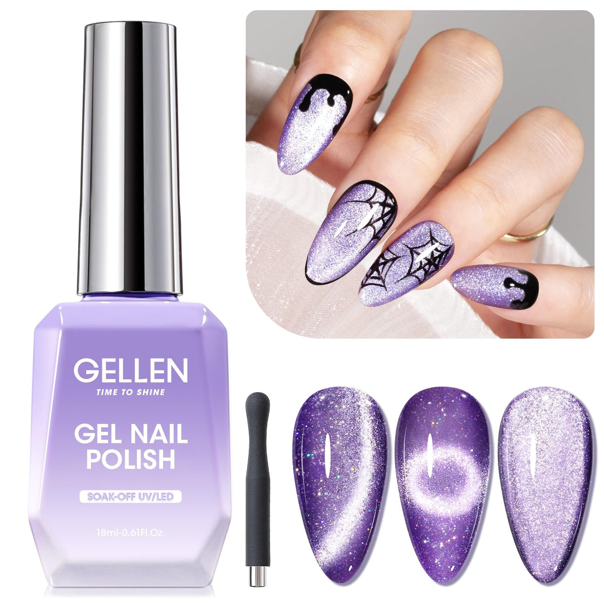 Gellen Purple Cat Eye Gel Nail Polish 18Ml - Glitter Reflective Magnetic Uv Nail Art