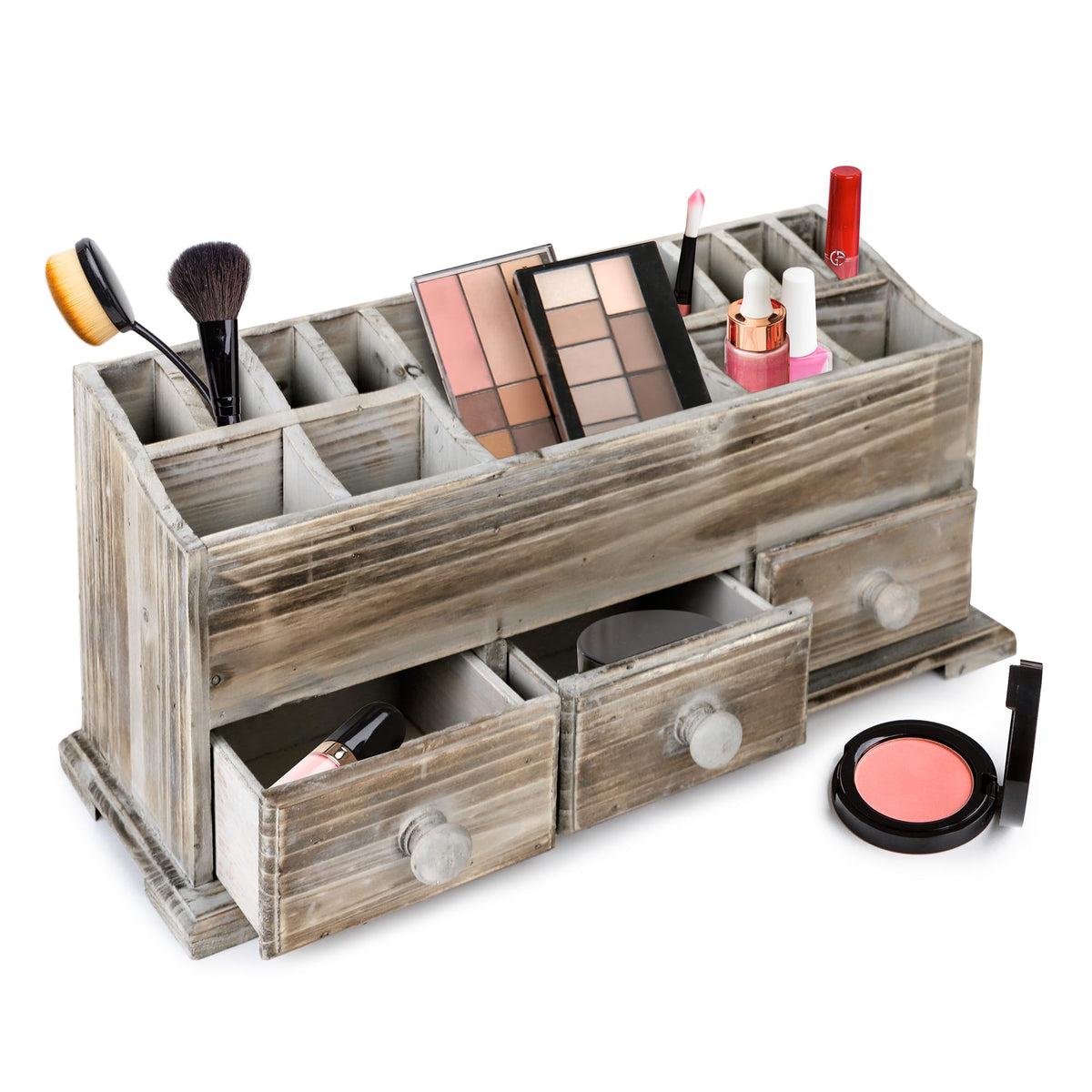 Besti Rustic Wooden Vanity Organizer With 3 Drawers For Makeup & Bathroom Accessories