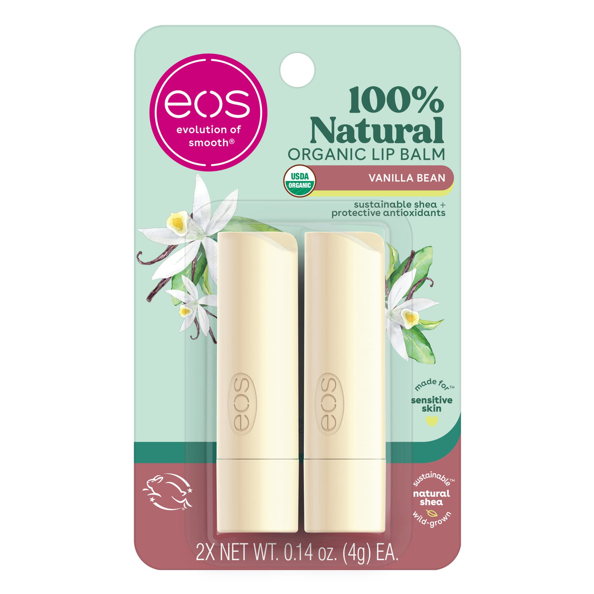 Eos 100% Natural Organic Lip Balm Sticks, Vanilla Bean, 0.14 Oz, 2-Pack, All-Day Moist