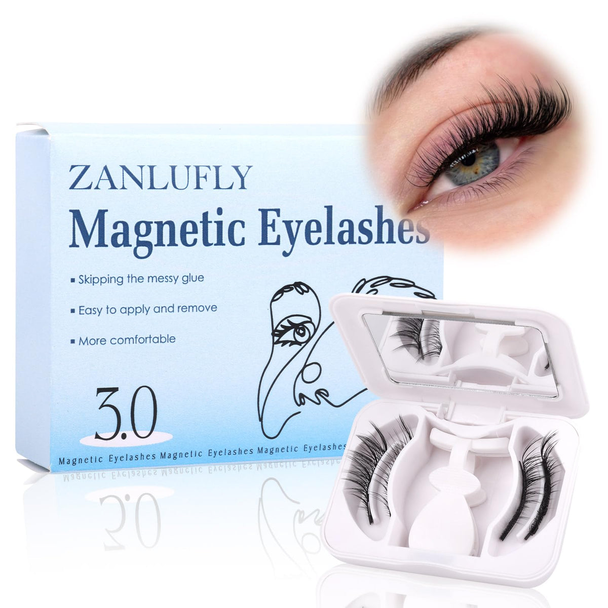 Zanlufly Magnetic Eyelashes - Natural Cat Eye & Fox Eye, No Glue, Wispy With Applicator - Black