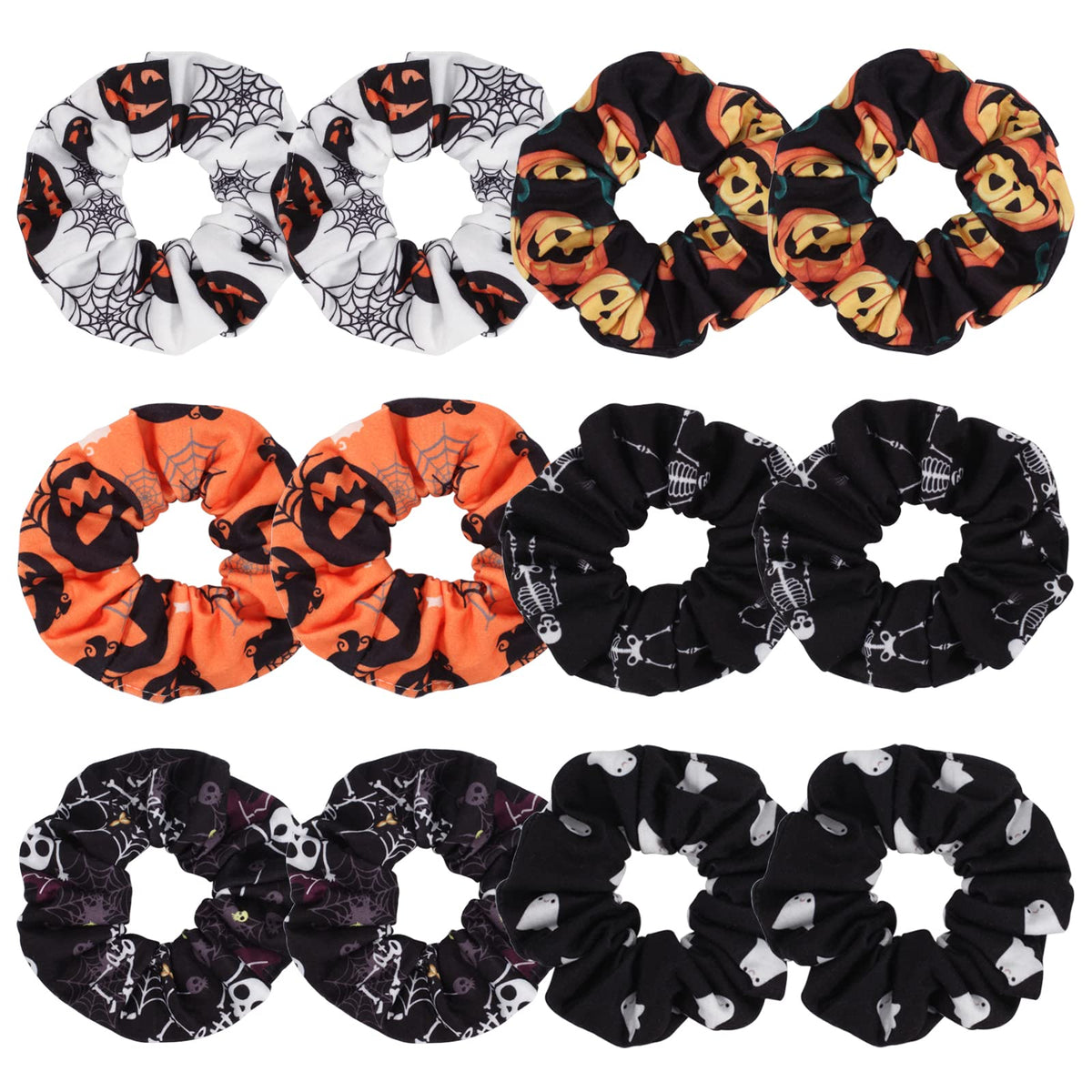 Budsmile 12Pcs Halloween Hair Scrunchies - Soft Pumpkin, Skull, Ghosts, Bat, Spider Web Accessories