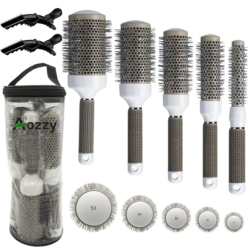 Aozzy Round Brush Set - 5 Ceramic Thermal Brushes For Blow Drying & Curling, Gray