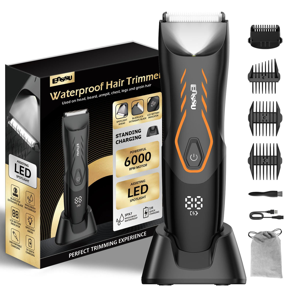 Enssu Waterproof Body Hair Trimmer For Men, Cordless With Led Display & Quick Charge, Orange