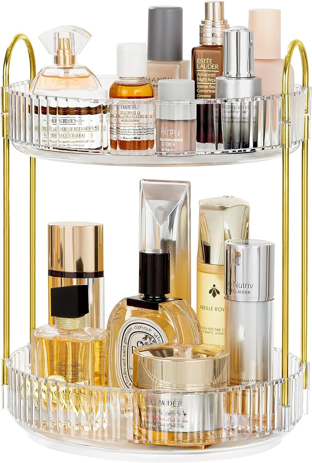 Vorey 360 Rotating Clear Makeup Organizer - 2 Tier Perfume & Skincare Carousel For Vanity