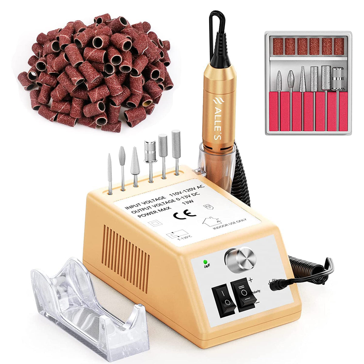 ALLE?S Professional Nail Drill Machine 20000 RPM Efile Kit with 6 Drill Bits & Sanding Bands - Gold