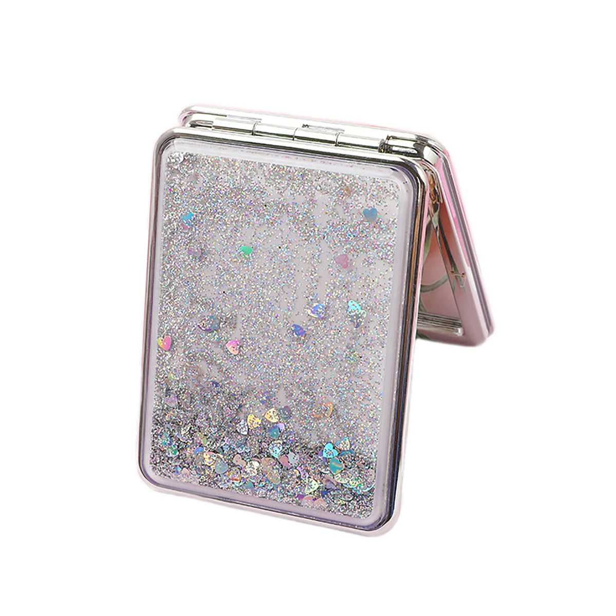 Hsyhere Double-Sided Quicksand Makeup Mirror - Portable Compact Hand Mirror, Square-Silver