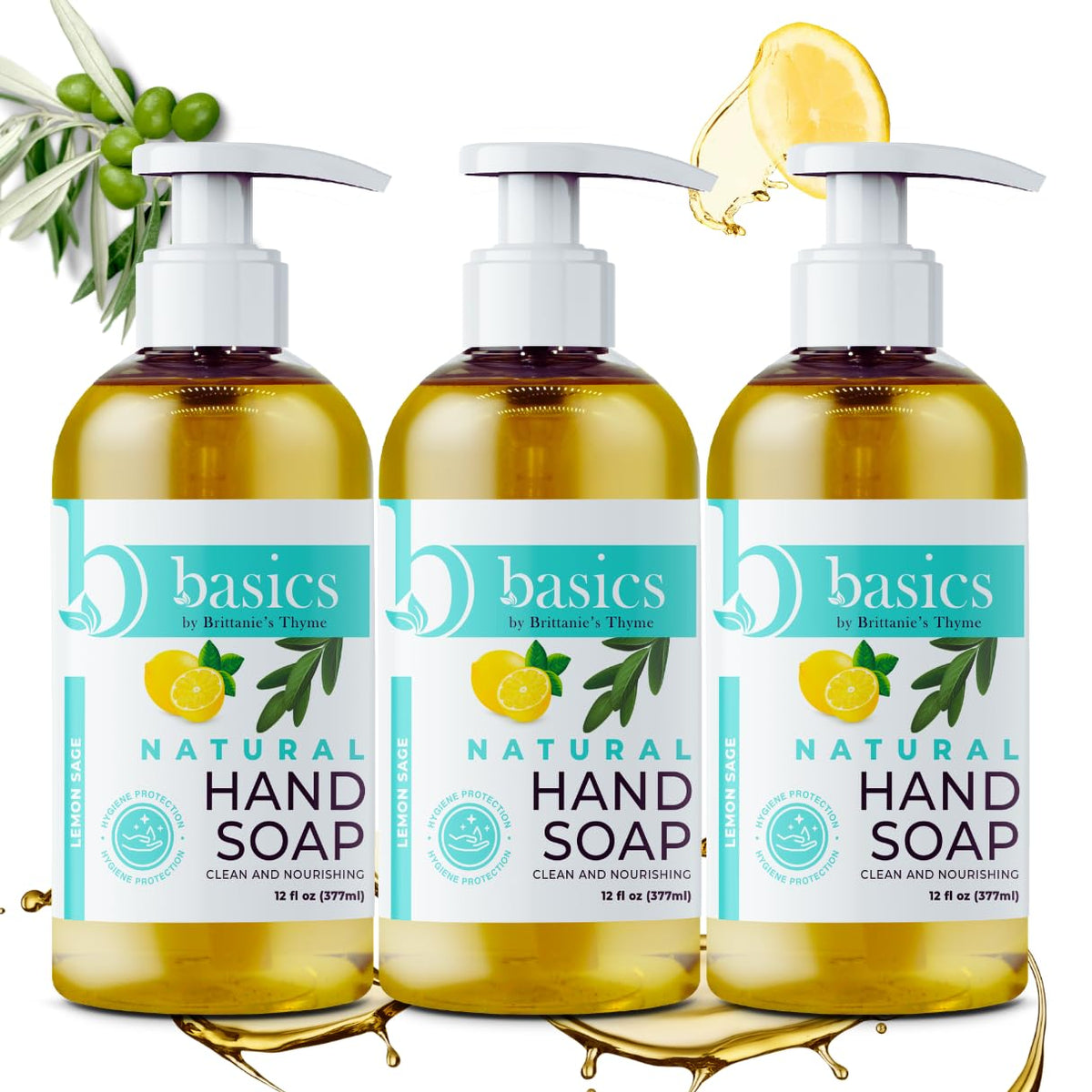 Brittanie'S Thyme Olive Oil Hand Soap, Lemon Sage - 12 Fl Oz, Pack Of 3 - Vegan, Cruel