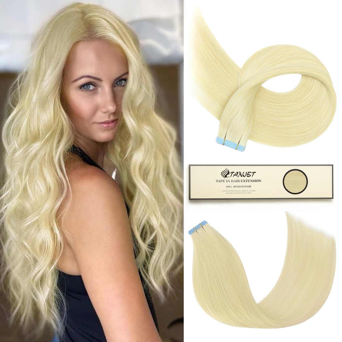 Tanjet 24&quot; Platinum Blonde Tape In Hair Extensions - 100% Remy Human Hair, 20Pcs 50G Pack