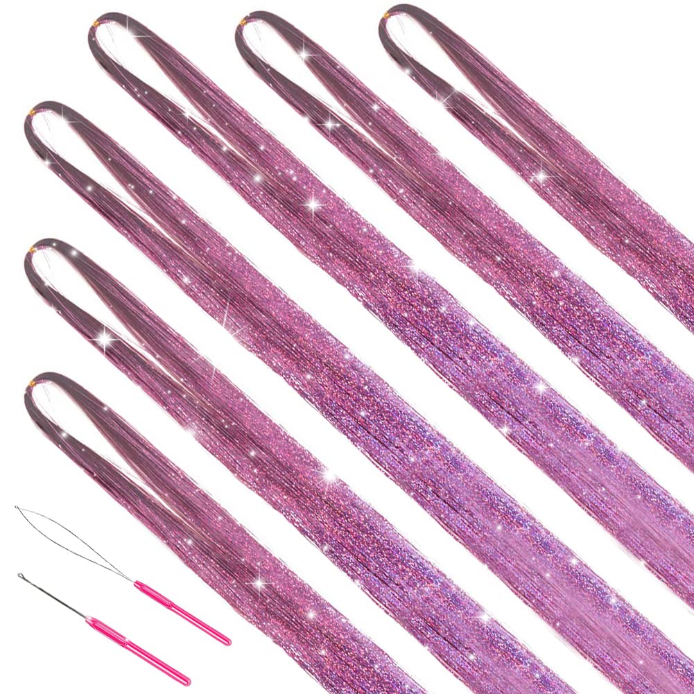 MISSUHUI Pink Hair Tinsel Kit - 1200 Strands Silk Hair Extensions, Heat Resistant, 6Pcs