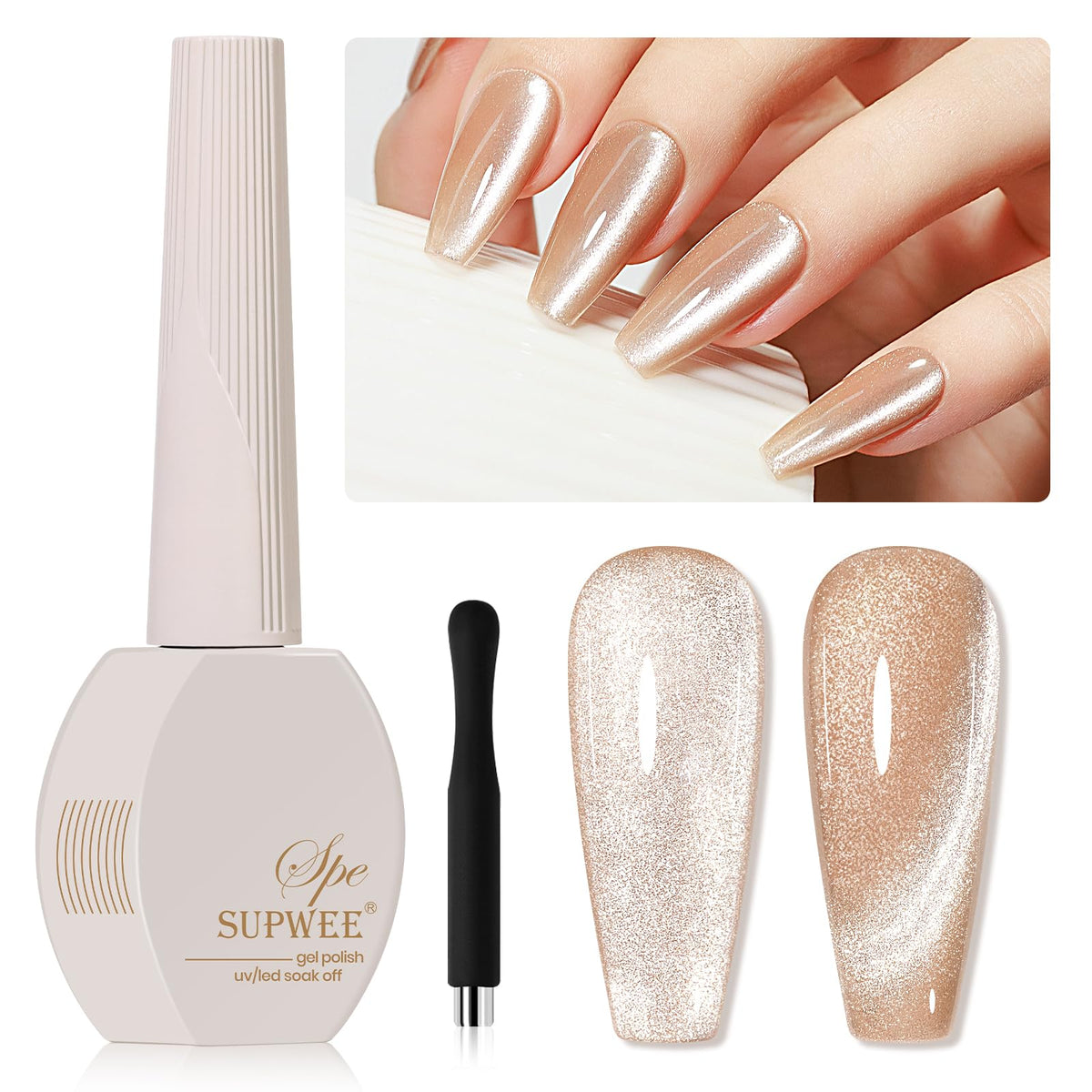 Supwee Cat Eye Gel Polish - Magnetic Holographic Glitter, Nude Shimmer, 0.5 Fl Oz