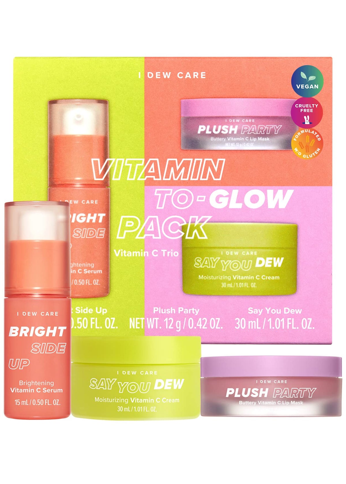 I Dew Care Vitamin To Glow Skincare Set - Brightening Serum, Cream & Lip Mask, Travel Size