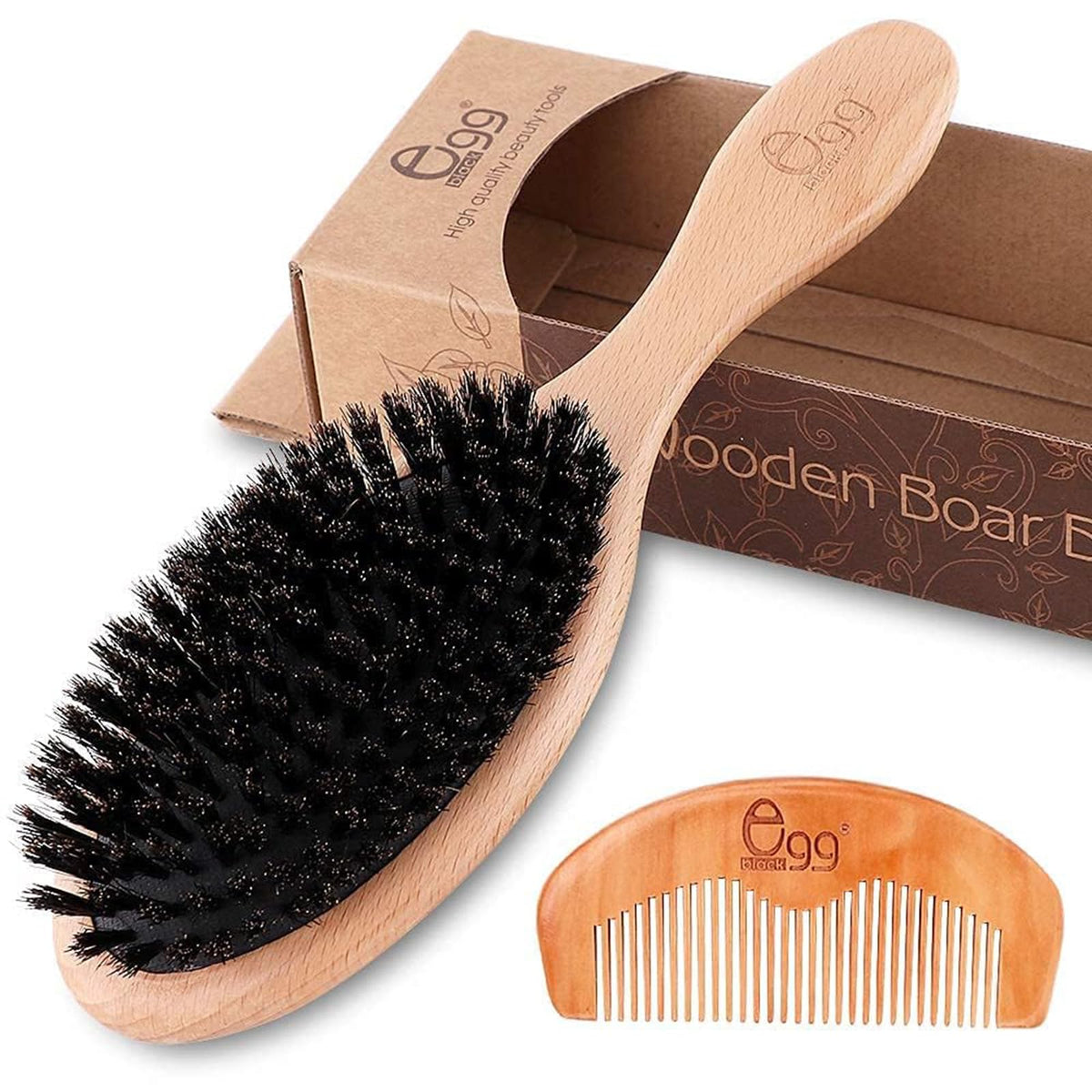 Black Egg Boar Bristle Hair Brush Set For Thin Hair With Bamboo Comb & Hair Ties - 5 Piece