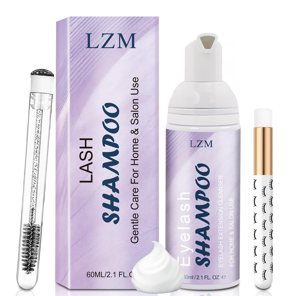 Lzm Lash Shampoo Cleaner Kit - 60Ml Foam For Cluster Lash/Eyelash Extensions, Oil Free