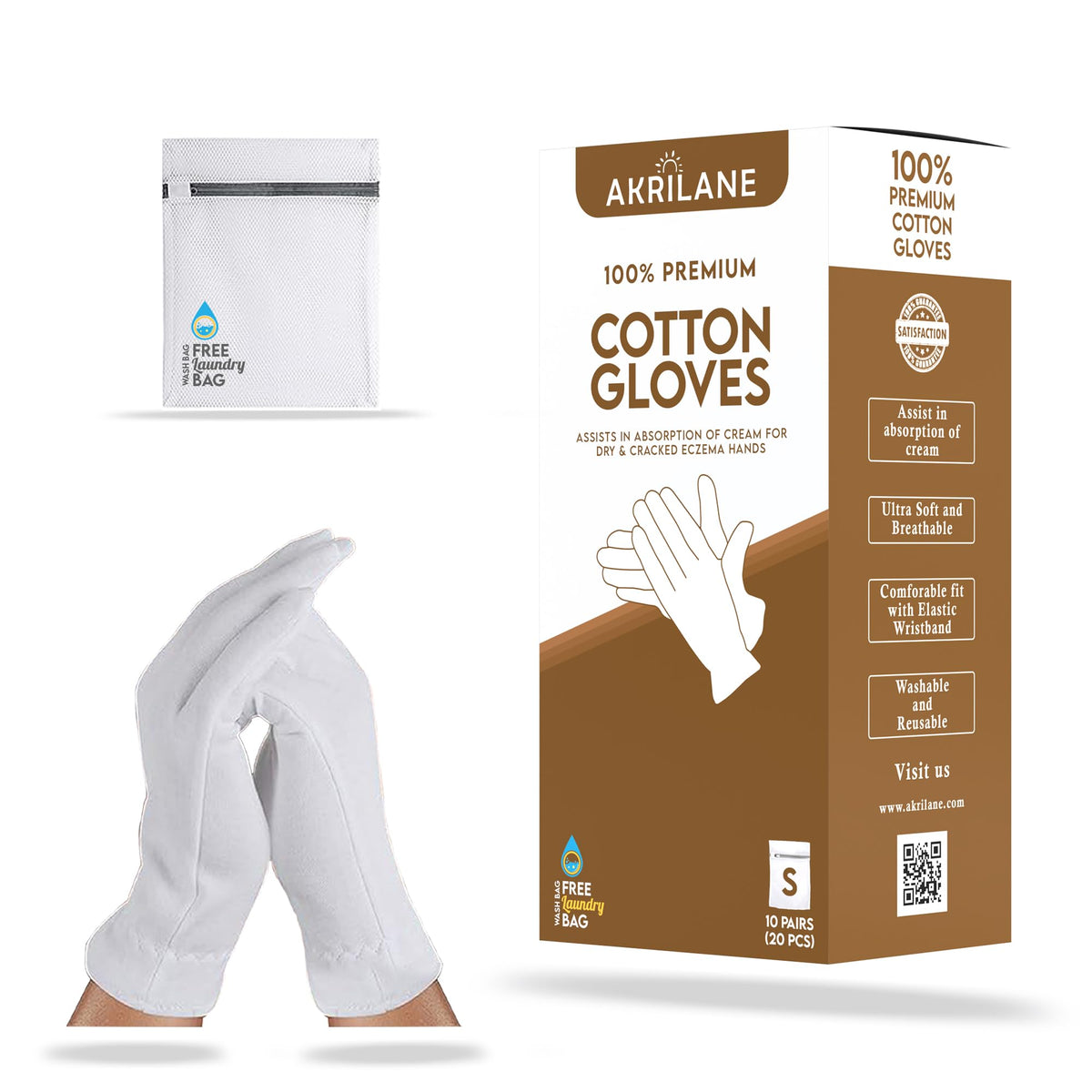 Akrilane Small 10 Pairs 100% Cotton Moisturizing Gloves For Eczema & Dry Skin - Washable, Re