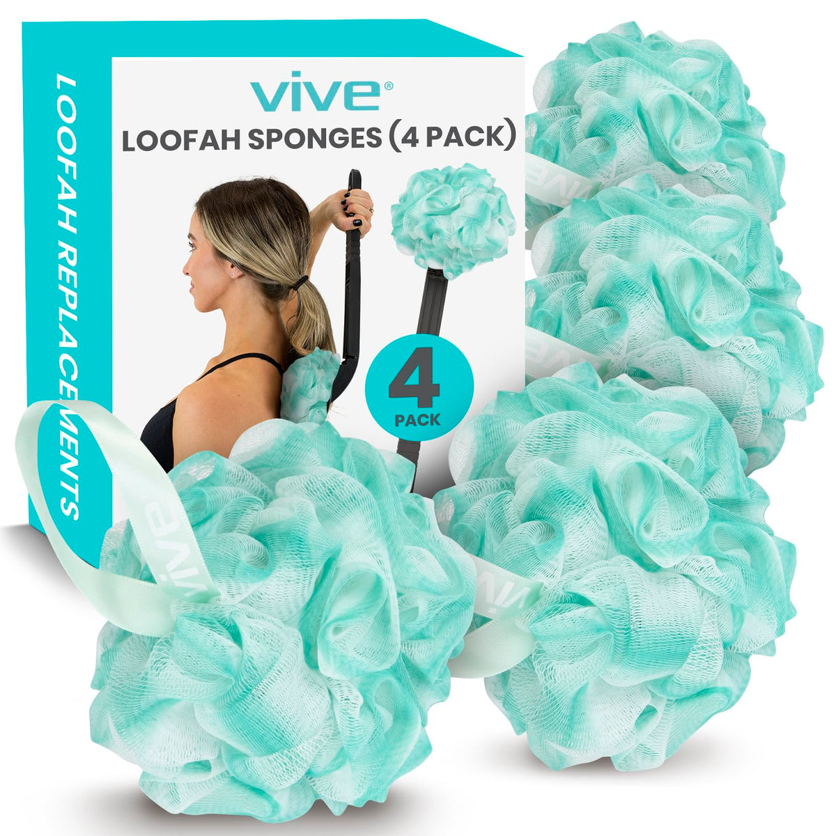 Vive Loofah Sponge Replacement (4 Pk) For Shower & Bath Exfoliation - Teal/White