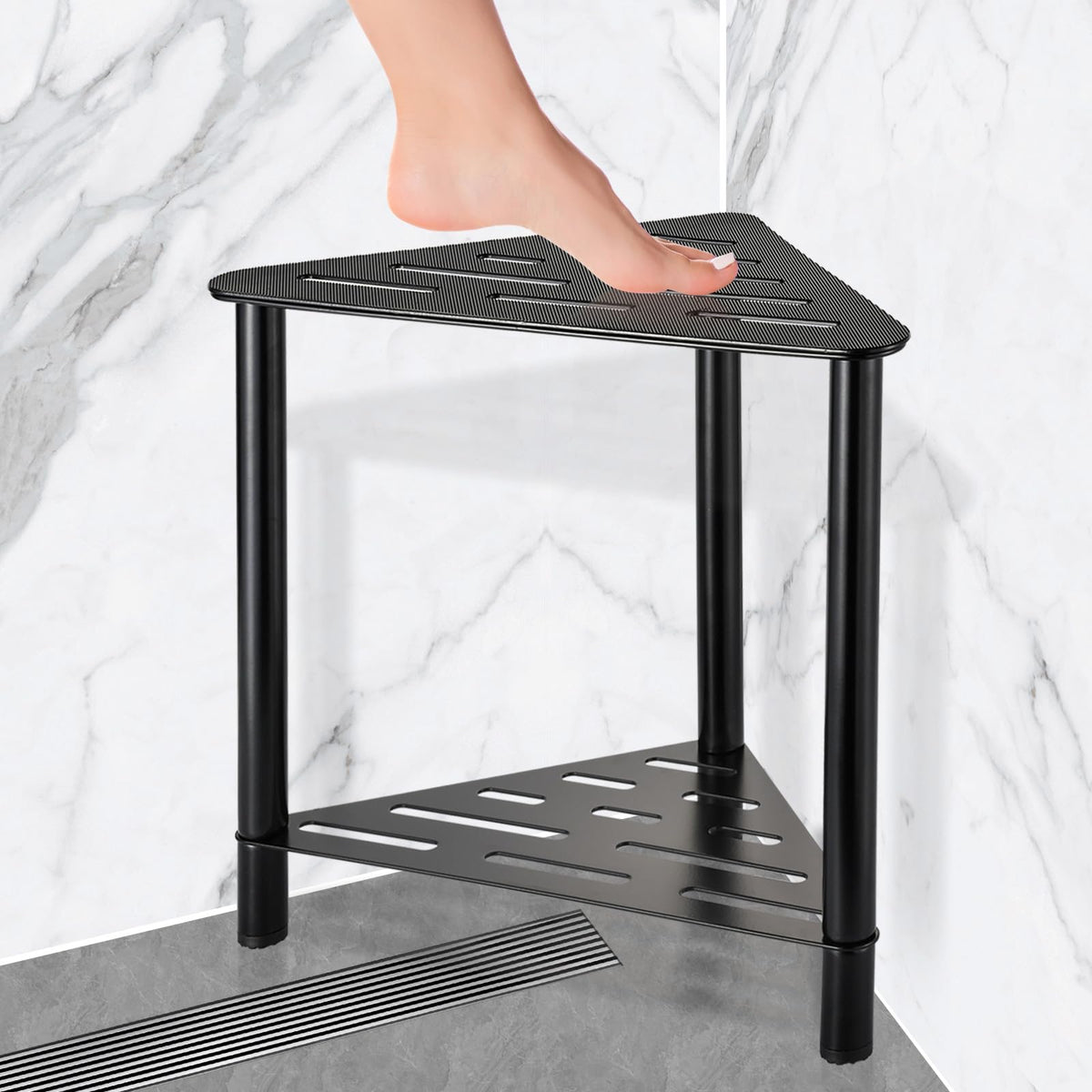 Ibosins Shower Foot Rest Stool With Storage, Black Rubber & Metal, Compact Shower Bench 15.4&quot; L