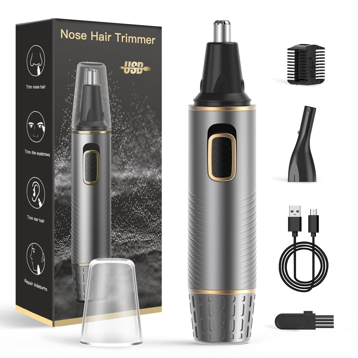 Xoomrscp Painless Nose Hair Trimmer For Men, Usb Rechargeable, Waterproof Dual Edge Blades, Grey