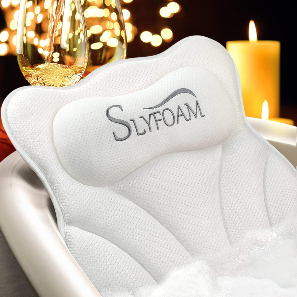 Slyfoam Bath Pillow With Anti-Slip Suction Cups, Soft Mesh Support For Tub & Spa