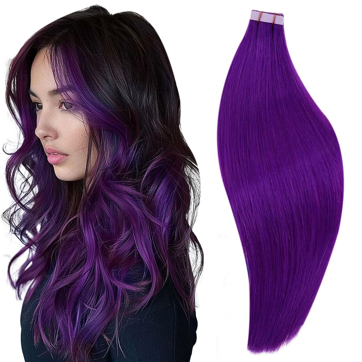 Runature 14&quot; Purple Tape In Hair Extensions - 20Pcs Human Hair Skin Weft For Color Highlights