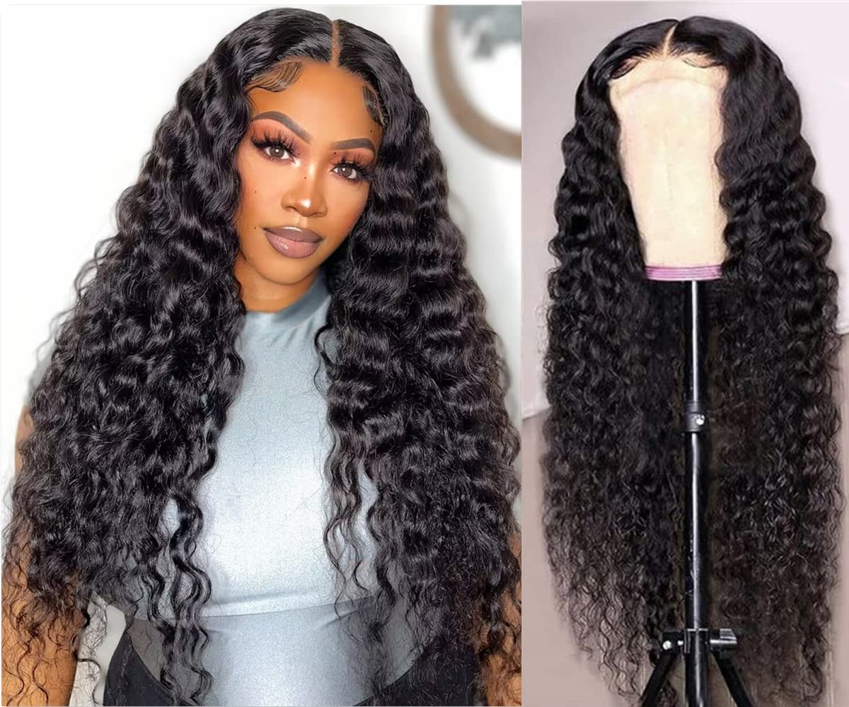 Josblue 24&quot; Deep Wave Lace Front Wig - Glueless Human Hair, Pre Plucked, Natural Color