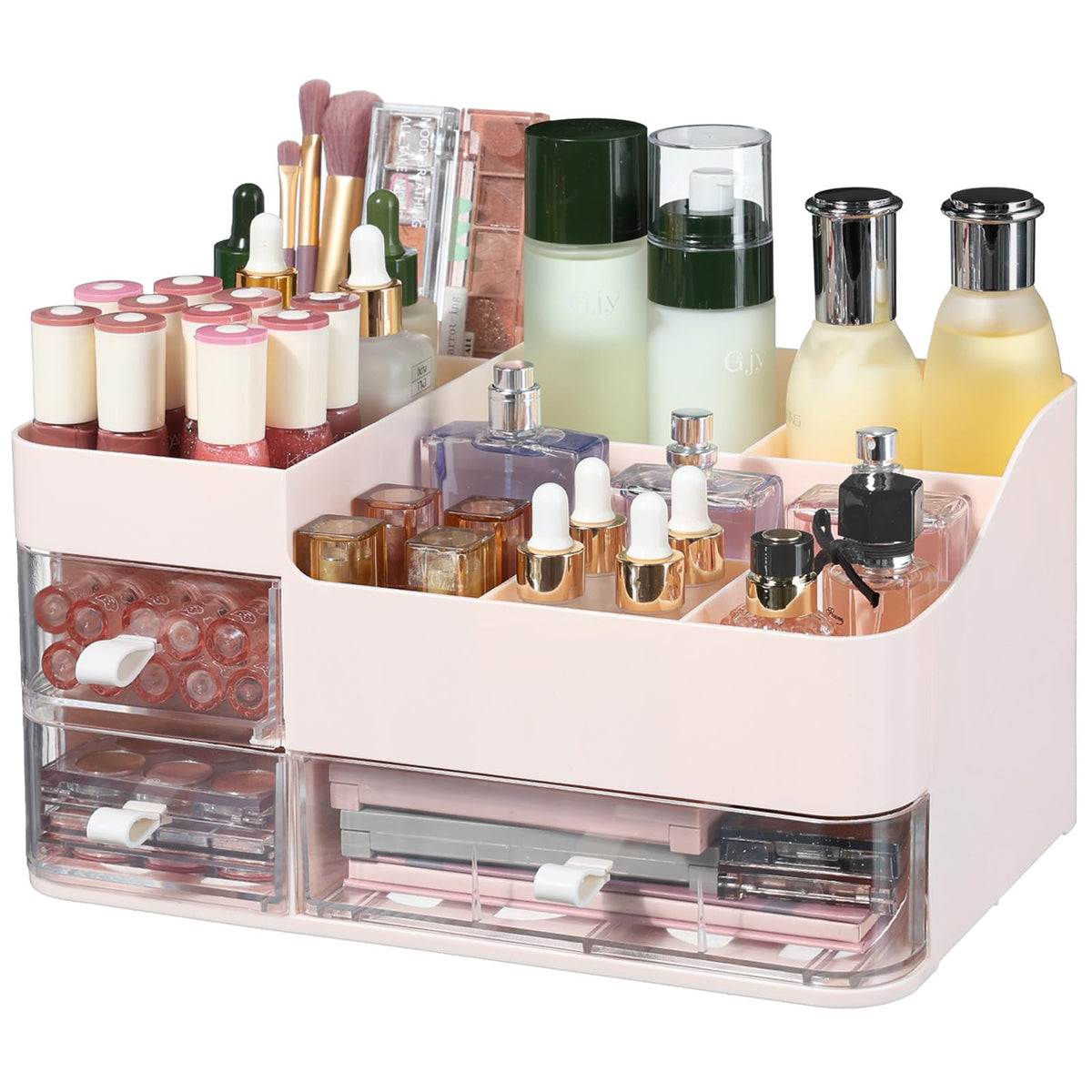 Cq Acrylic Large Pink Makeup Organizer With 3 Drawers For Dresser & Vanity Storage