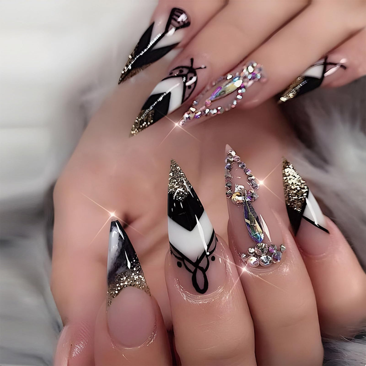 SINHOT Long Stiletto Press on Nails - Luxury Rhinestone Glossy Black Acrylic Bling 24 pcs