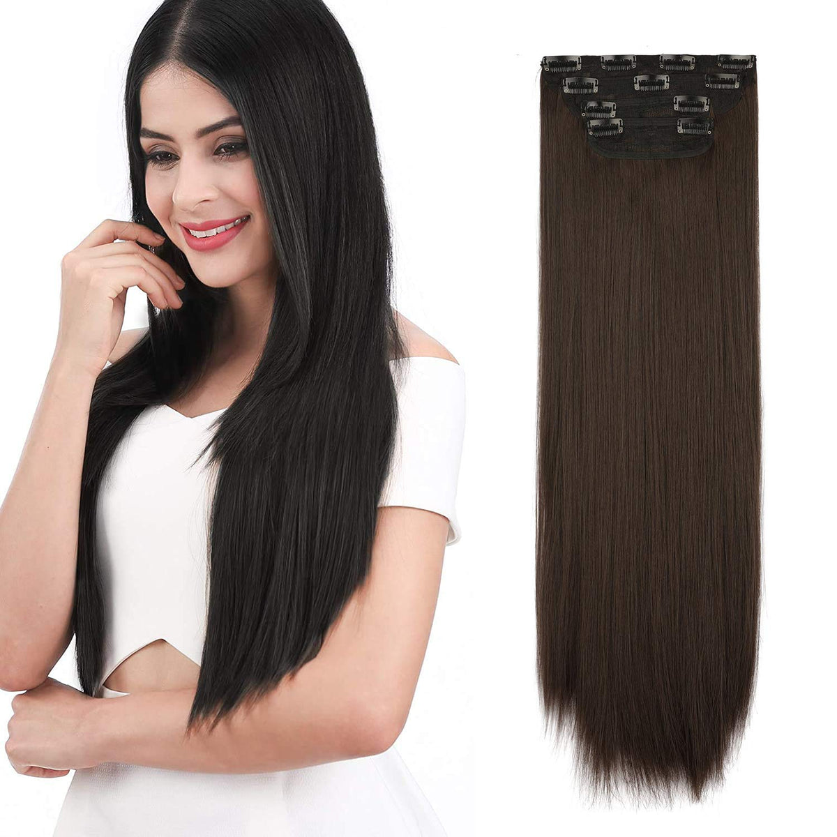 REECHO 24&quot; Chocolate Deep Brown Straight Clip-In Hair Extensions - 4 Pieces Set, 280g