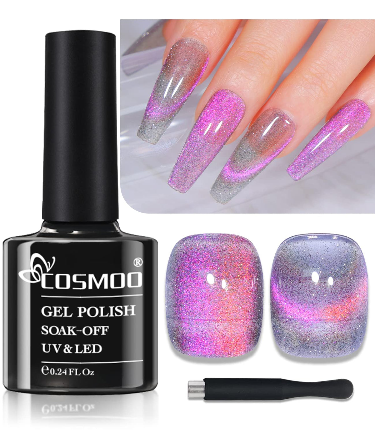 Cosmoo 9D Holographic Cat Eye Gel Nail Polish - Crystal Purple Uv Soak Off, 1 Fl Oz