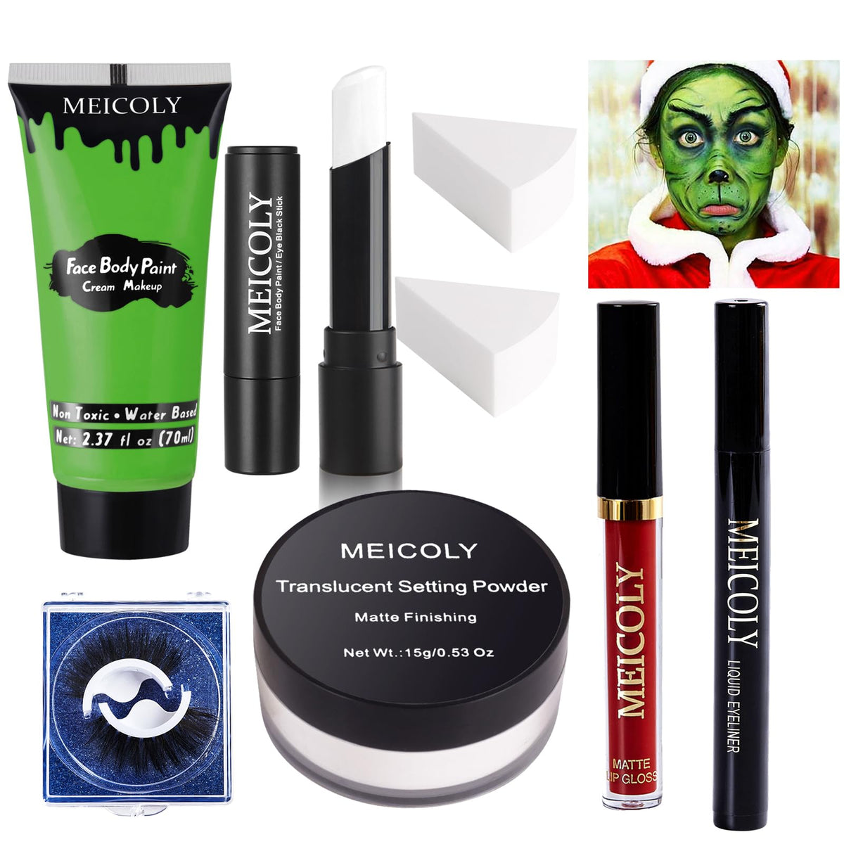 Meicoly Christmas Makeup Kit - Green Face Paint, Wicked Witch, Lipsticks, Eyeliner, False Eyelash